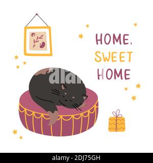 Cat sleeps on a comfortable ottoman. Cozy home Stock Vector