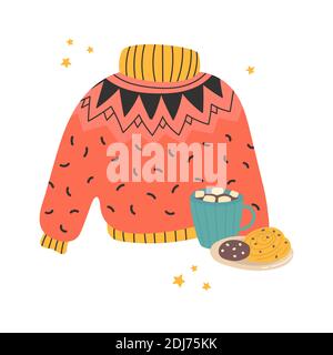 Cozy sweater with a cup of cocoa for postcard Stock Vector