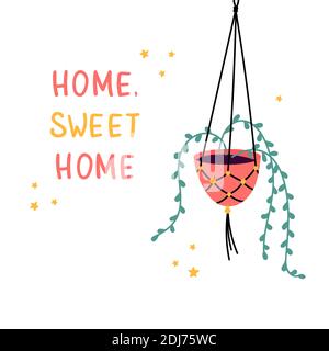 Flowerpot with plant and lattering. Home interior Stock Vector
