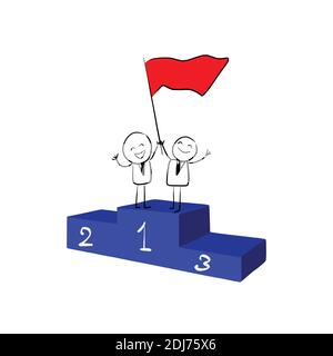 smiling cartoon businessman character holding red flag with his companion on first place podium together vector illustration doodle hand drawn with bl Stock Vector
