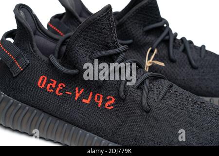 Moscow, Russia - December 2020 : Adidas Yeezy Boost 350 V2 CORE BLACK RED. Stock Photo