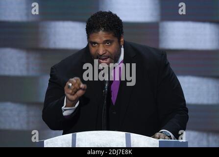 Reverend William Barber II speaks on stage during the last day of the Democratic National Convention on July 28, 2016 at the Wells Fargo Center, Philadelphia, Pennsylvania, Photo by Olivier Douliery/Abacapress.com Stock Photo