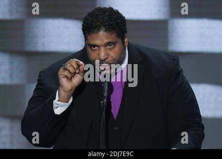 Reverend William Barber II speaks on stage during the last day of the Democratic National Convention on July 28, 2016 at the Wells Fargo Center, Philadelphia, Pennsylvania, Photo by Olivier Douliery/Abacapress.com Stock Photo
