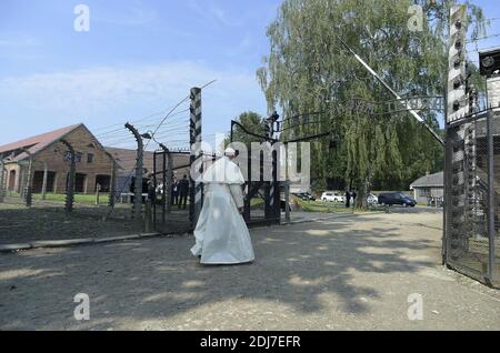 Pope Francis visited the former Nazi German Auschwitz-Birkenau concentration camp in Poland on July 29, 2016 in a historic visit to pay tribute to the more than 1 million people, mostly Jews, who lost their lives there during World War II. Photo by ABACAPRESS.COM Stock Photo