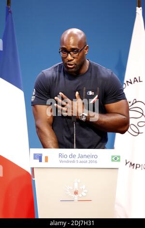 French judoka Teddy Riner speaks to media in Hiratsuka, Kanagawa ...
