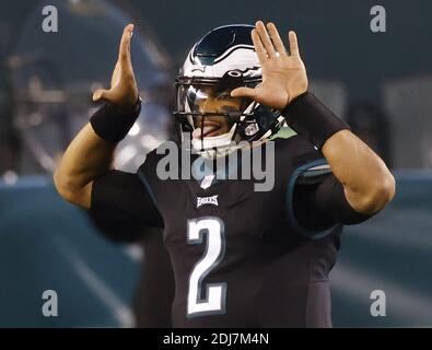 Philadelphia, United States. 13th Dec, 2020. Philadelphia Eagles Jalen  Hurts celebrates after throwing a 15 yard touchdown in the second quarter  in his first NFL career start against the New Orleans Saints