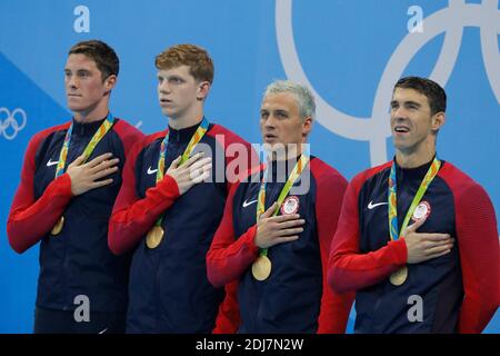 USA's 4X200 m freestyle relay won the gold medal with Michael Phelps winning his 21th Gold medal in the swimming event in Olympic Swimming Pool, Rio, Brasil on August 9th, 2016. Photo by Henri Szwarc/ABACAPRESS.COM Stock Photo