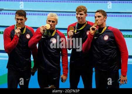 USA's 4X200 m freestyle relay won the gold medal with Michael Phelps winning his 21th Gold medal in the swimming event in Olympic Swimming Pool, Rio, Brasil on August 9th, 2016. Photo by Henri Szwarc/ABACAPRESS.COM Stock Photo