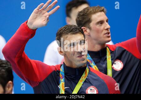 USA's 4X200 m freestyle relay won the gold medal with Michael Phelps winning his 21th Gold medal in the swimming event in Olympic Swimming Pool, Rio, Brasil on August 9th, 2016. Photo by Henri Szwarc/ABACAPRESS.COM Stock Photo