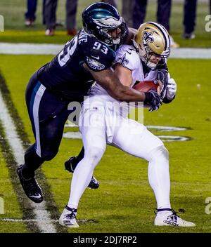 Philadelphia, PA, USA. 13th Dec, 2020. December 13, 2020: Philadelphia nose tackle Javon Hargrave sacks New Orleans quarterback Taysom Hill during the NFL football matchup between the New Orleans Saints and the Philadelphia Eagles at Lincoln Financial Field in Philadelphia, Pennsylvania. Scott Serio/Cal Sport Media/Alamy Live News Stock Photo