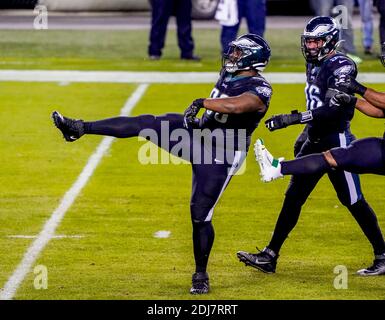 Philadelphia, PA, USA. 13th Dec, 2020. December 13, 2020: Philadelphia nose tackle Javon Hargrave celebrates after sacking New Orleans quarterback Taysom Hill during the NFL football matchup between the New Orleans Saints and the Philadelphia Eagles at Lincoln Financial Field in Philadelphia, Pennsylvania. Scott Serio/Cal Sport Media/Alamy Live News Stock Photo