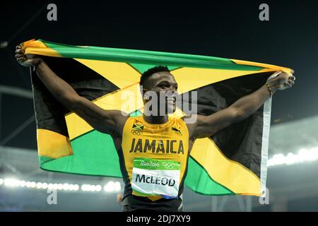 Omar Mcleod of Jamaica competes on his way to winning the gold medal in the Men's 110m Hurdles Final on Day 11 of the Rio 2016 Olympic Games at the Olympic Stadium on August 16, 2016 in Rio de Janeiro, Brazil. Photo by Lionel Hahn/ABACAPRESS.COM Stock Photo