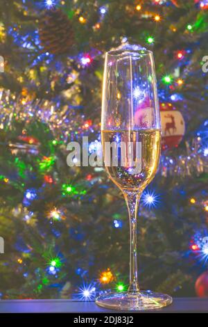Champagne glass and Christmas pine tree with bright Christmas lights on background Stock Photo