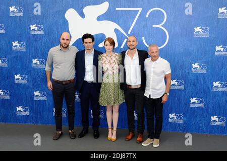 Producer Jordan Horowitz, director Damien Chazelle, actress Emma Stone, producers Fred Berger and Marc Platt attending the 'La La Land' Photocall on the Lido in Venice, Italy as part of the 73rd Mostra, Venice International Film Festival on August 31, 2016. Photo by Aurore Marechal/ABACAPRESS.COM Stock Photo