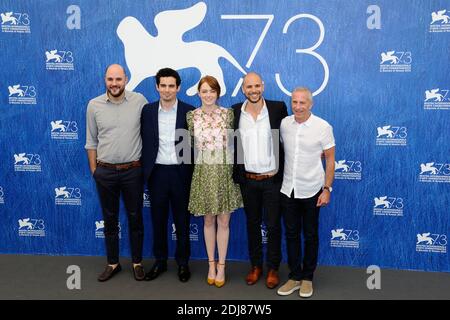 Producer Jordan Horowitz, director Damien Chazelle, actress Emma Stone, producers Fred Berger and Marc Platt attending the 'La La Land' Photocall on the Lido in Venice, Italy as part of the 73rd Mostra, Venice International Film Festival on August 31, 2016. Photo by Aurore Marechal/ABACAPRESS.COM Stock Photo