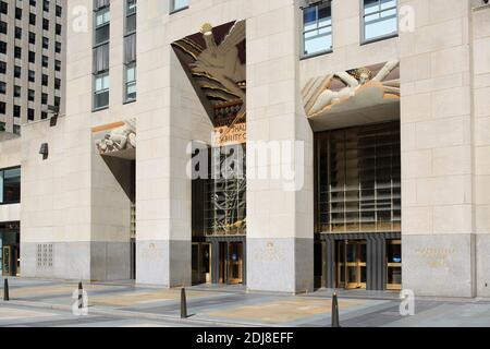 Art Deco Art, Wisdom, Sound, Light, Entrance 30 Rockefeller Plaza, Rockefeller Center, Midtown, Manhattan, New York City, New York, USA Stock Photo