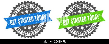 get started today grunge stamp set. get started today band sign Stock Vector