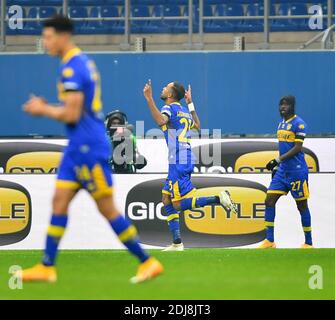 Milan, Italy. 13th Dec, 2020. Parma's Hernani (C) celebrates during a Serie A football match between AC Milan and Parma in Milan, Italy, Dec. 13, 2020. Credit: Daniele Mascolo/Xinhua/Alamy Live News Stock Photo
