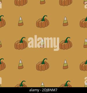 sweet halloween icons pumpkins candy corn seamless vector repeat surface pattern design Stock Vector