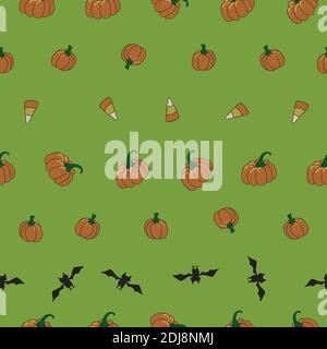 halloween icons pumpkins candy corn and bats in rows on bright green background seamless vector repeat surface pattern design Stock Vector