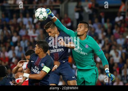 PSG's Alphonse Areola, Marquinhos and Thiago Silva during the Champion's League Group A Paris-St-Germain v Arsenal match at the Parc des Princes stadium in Paris, France, on September 13, 2016. The match ended in a 1-1 draw. Photo by Henri Szwarc/ABACAPRESS.COM Stock Photo