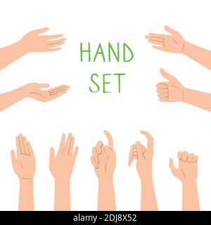 Hand cartoon style set. Various gestures of human hands, different situations. Signs and emotions, representing, interactive communication. For infographic, web, internet, presentation. Vector Stock Vector