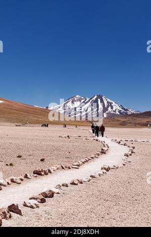 Tourists on the path to Laguna Miscanti, a brackish lake at an altitude of 4,140 meters, Central Volcanic Zone, Chile. Stock Photo