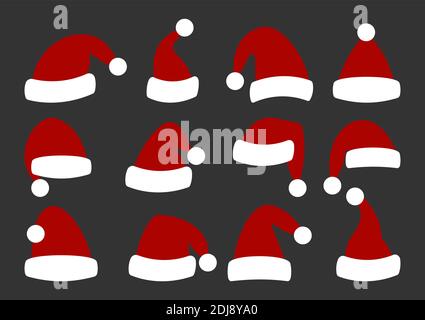 Red Christmas Santa Claus hats set. Flat style holiday cap. Traditional winter accessory of New Year. Simple template headdress xmas costume, symbol Noel season. Isolated on white vector illustration Stock Vector