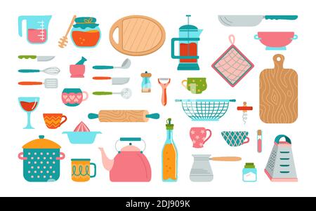 https://l450v.alamy.com/450v/2dj909k/kitchenware-and-utensils-cartoon-set-modern-kitchen-tool-flat-cooking-dishes-equipments-dishes-cup-tack-teapot-grater-hand-drawn-utensils-collection-objects-food-preparation-vector-illustration-2dj909k.jpg