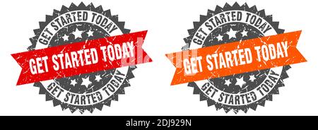 get started today grunge stamp set. get started today band sign Stock Vector