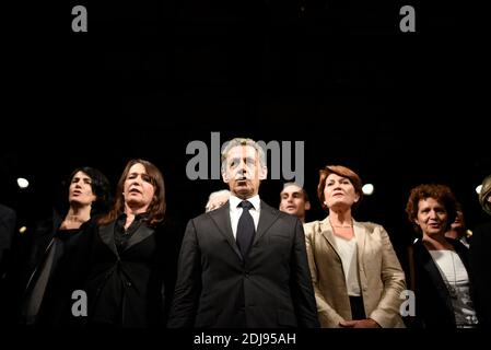 Former French president and candidate for the right-wing Les Republicains (LR) party primary ahead of the 2017 presidential election, Nicolas Sarkozy, delivers a speech as he holds a public meeting as part of his election campaign, on September 19, 2016, in Franconville, near Paris. Photo by Eliot Blondet/ABACAPRESS.COM Stock Photo