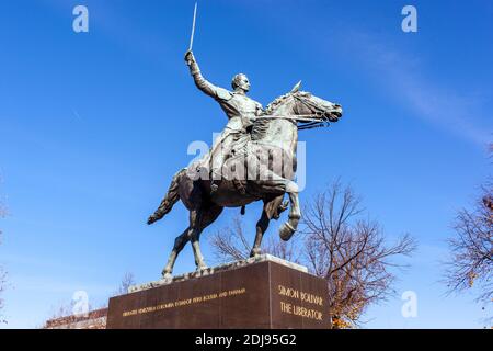 Washington DC, USA 11-29-2020: Close up angled image of statue of Simon Bolivar on a horse with his sword in his hand. He is the liberator of Venezuel Stock Photo