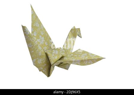 Yellow origami bird (Origami Crane) isolated on white background.Saved with clipping path. Stock Photo