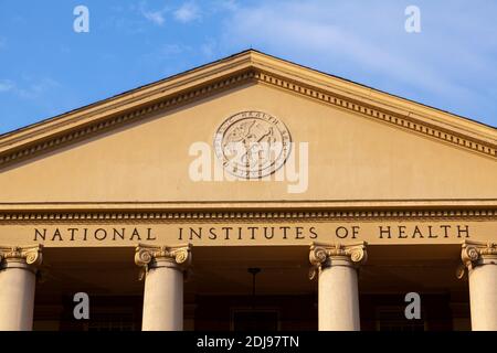 Bethesda, MD, USA 11/21/2020: Exterior view of the main historic building (Building 1) of National Institutes of Health (NIH) inside Bethesda campus. Stock Photo