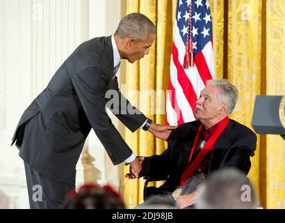 United States President Barack Obama presents the 2015 National Humanities Medal to Rudolfo Anaya, Author of Albuquerque, New Mexico, during a ceremony in the East Room of the White House in Washington, DC, USA, on Thursday, September 22, 2016. Photo by Ron Sachs/CNP/ABACAPRESS.COM Stock Photo