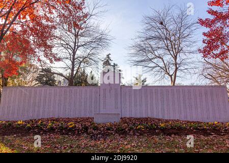 Frederick, MD, USA 11-22-2020: A granite Killed in Action monument in Memorial Park of Frederick listing all the local soldiers who gave their lives d Stock Photo