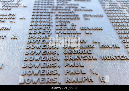 Frederick, Maryland, USA 11-23-2020: Long list of individuals from Frederick County who served in US army during World War I are shown on a monument w Stock Photo