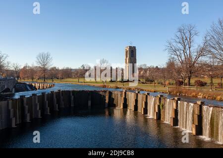 Baker Park, a city park by Carrol Creek with large open meadows, trees, walking and cycling paths and the famous historic  tower and carillon. Image s Stock Photo