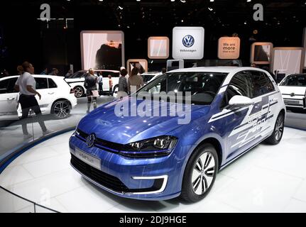 The new Volkswagen electric car E-Golf is presented during the second press day the Paris Motor Show (Mondial de l'Automobile) in Paris, France, 30 September 2016. Photo by Eliot Blondet/ABACAPRESS.COM Stock Photo