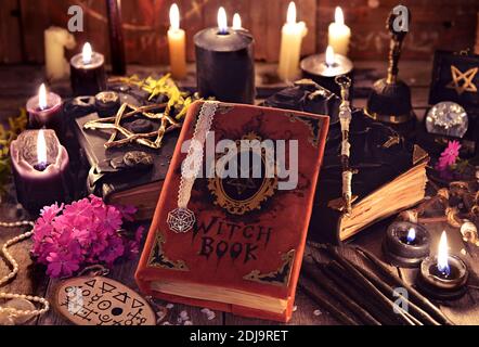 Magic ritual. Wicca, esoteric,voodoo and occult background with vintage witch objects, Halloween background Stock Photo