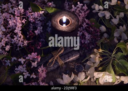 Magic ritual. Wicca, esoteric,voodoo and occult background with vintage witch objects, Halloween background Stock Photo