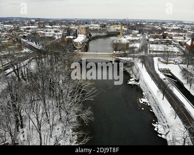 Wilmington, Delaware, U.S.A - January 13, 2019 - The aerial view of the Brandywine River and surrounding neighborhood after a snowstorm Stock Photo