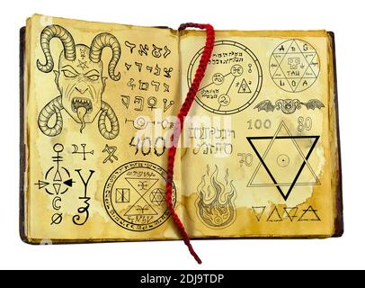 Old witch book with alchemic symbols, open book with magic spells, occult and mystic background. Stock Photo