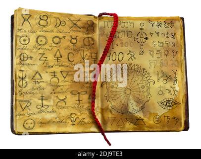 Old witch book with alchemic symbols, open book with magic spells, occult and mystic background. Stock Photo