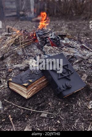 Mystical concept with voodoo objects, book and straw doll, esoteric, gothic and occult background. Stock Photo