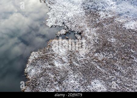 lake shore with snow-covered dry reeds. calm water surface with cloudy sky reflections. top down aerial view Stock Photo