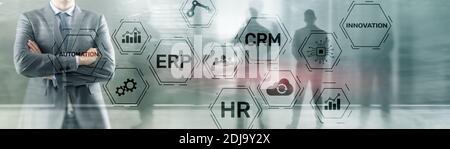 Erp Crm Hr Innovation inscriptions and icons on business background Stock Photo