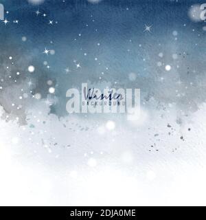 Winter christmas card hand-painted stain watercolor. Art background decorated with bokeh, stars and snow that fall in winter. Stock Vector