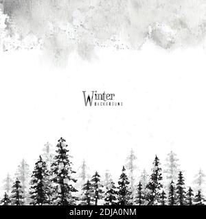 Winter Christmas card monochrome stain watercolor. Artwork conifer forest silhouette with snowfalls and stars on white background. Stock Vector