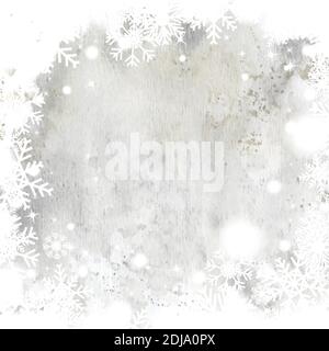 Winter christmas card hand-painted watercolor. Artwork snowflakes and snow falling on splatter stain watercolor background. Stock Vector